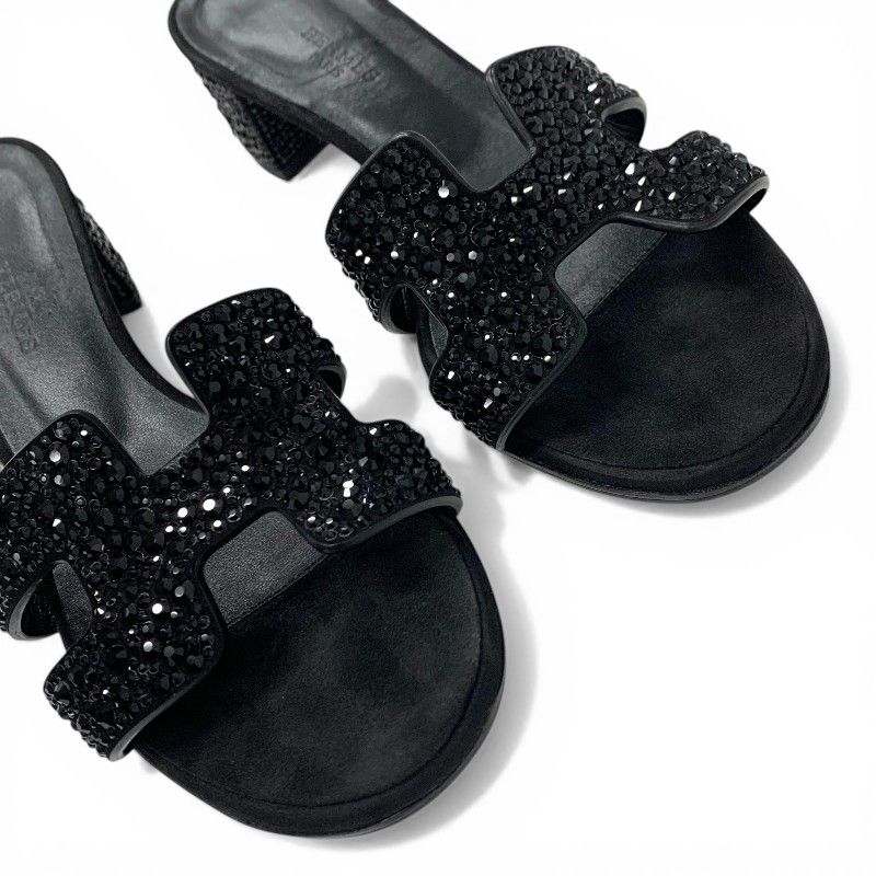 Hermes Oasis Sandals Shoes Leather Suede Black Rhinestone Mules — view 9