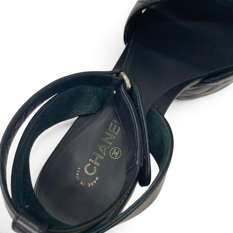 Chanel Sandals Shoes Leather Black Gold CC Logo Quilted Strap — view 7
