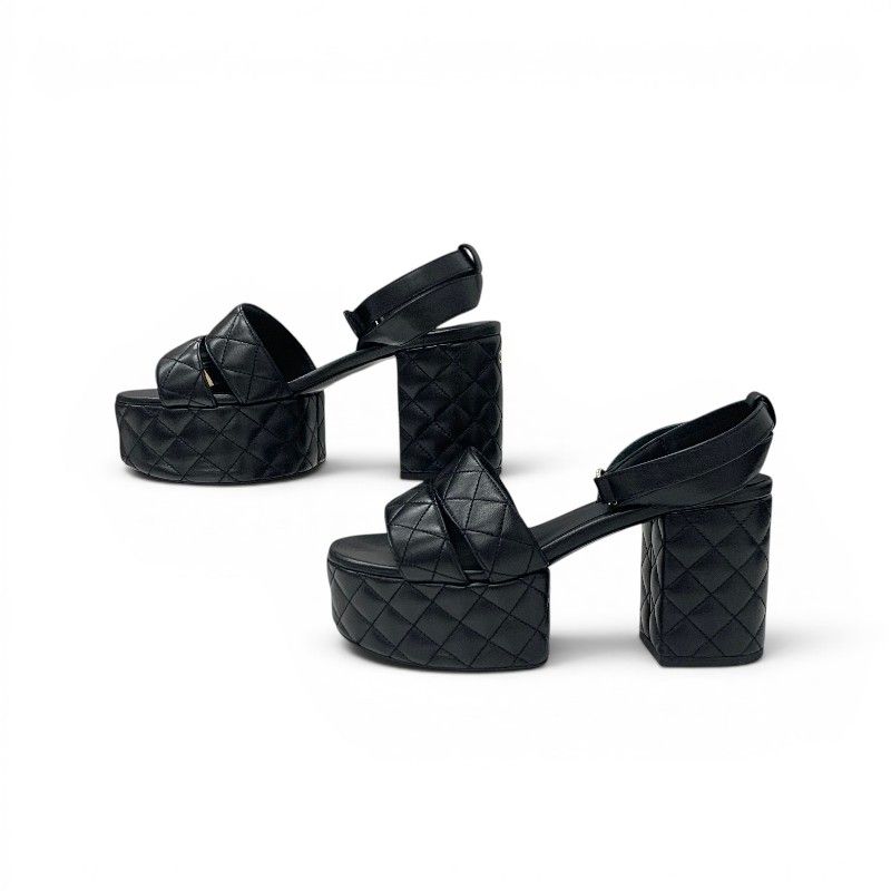 Chanel Sandals Shoes Leather Black Gold CC Logo Quilted Strap — view 3