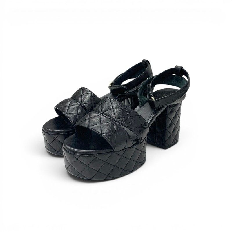 Chanel Sandals Shoes Leather Black Gold CC Logo Quilted Strap