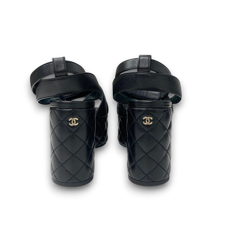 Chanel Sandals Shoes Leather Black Gold CC Logo Quilted Strap — view 5