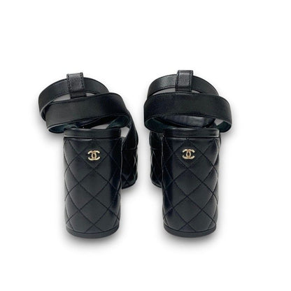 Chanel Sandals Shoes Leather Black Gold CC Logo Quilted Strap — view 5