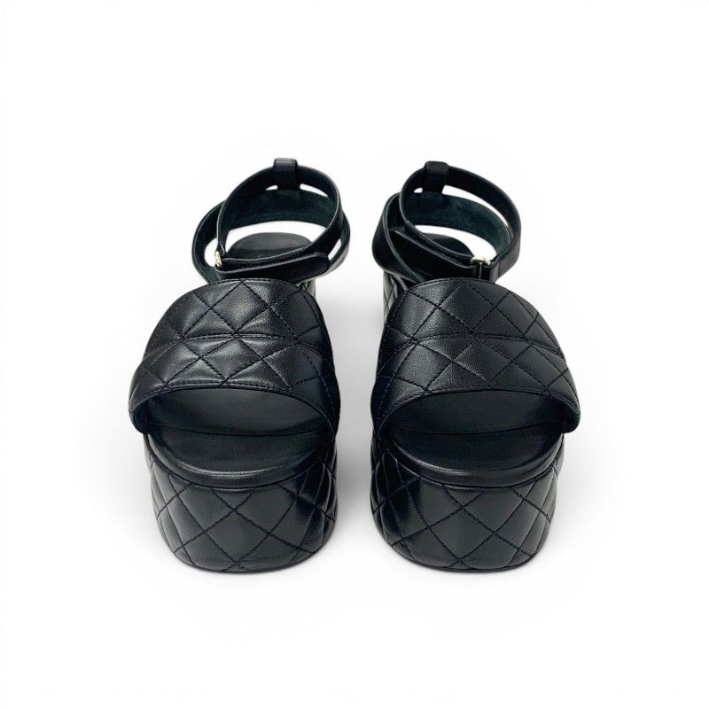 Chanel Sandals Shoes Leather Black Gold CC Logo Quilted Strap — view 2