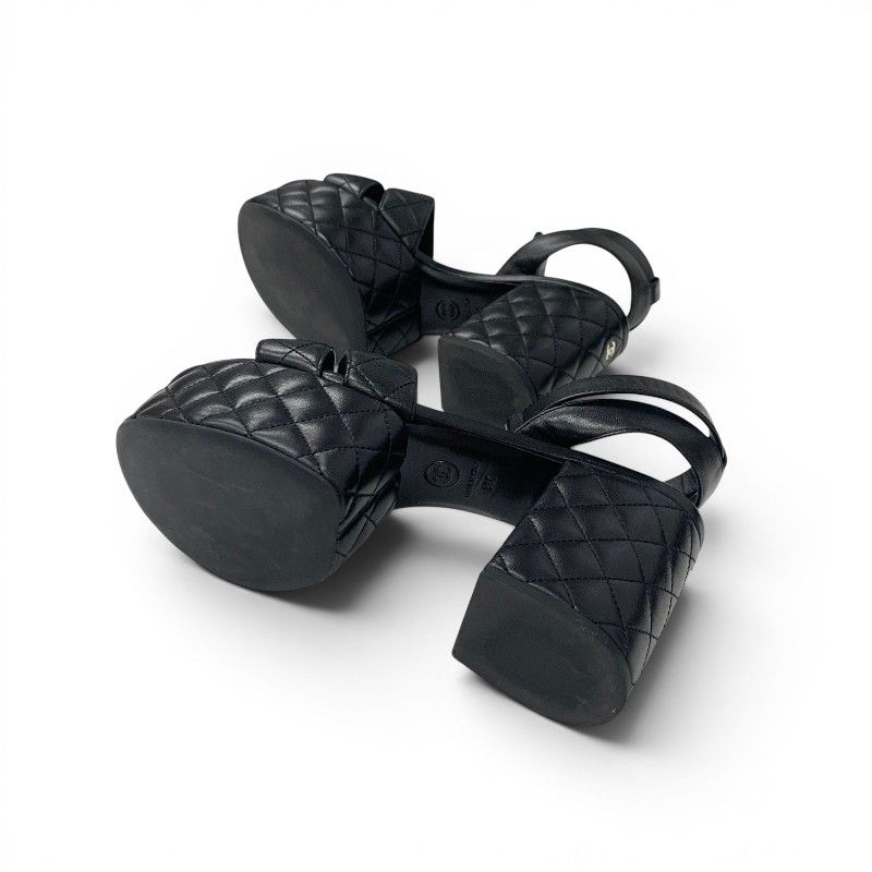 Chanel Sandals Shoes Leather Black Gold CC Logo Quilted Strap — view 6