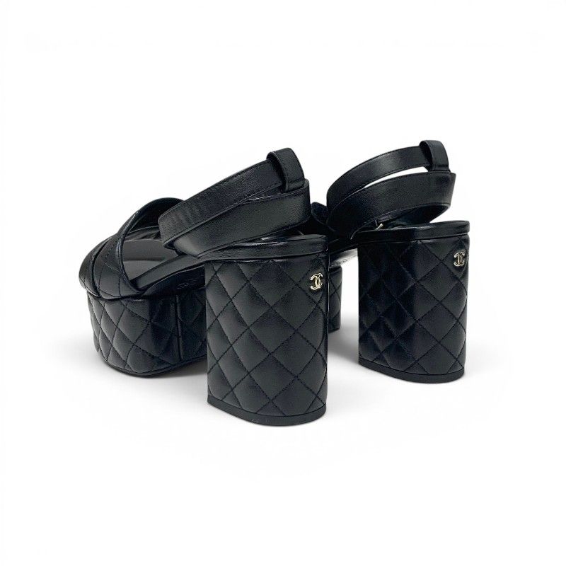 Chanel Sandals Shoes Leather Black Gold CC Logo Quilted Strap — view 4