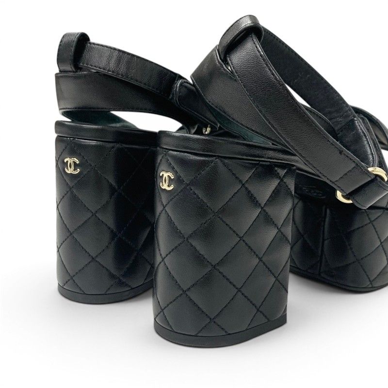 Chanel Sandals Shoes Leather Black Gold CC Logo Quilted Strap — view 9