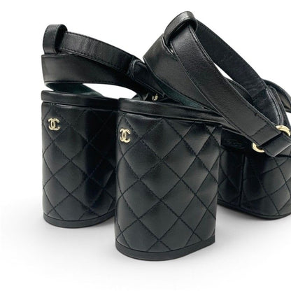 Chanel Sandals Shoes Leather Black Gold CC Logo Quilted Strap — view 9