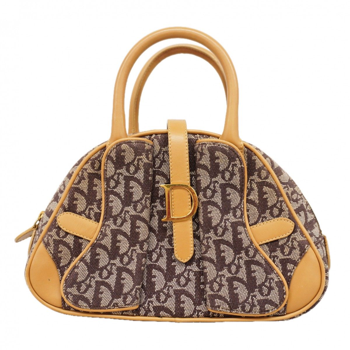 Dior Handbag Trotter Double Saddle Canvas Leather Brown Gold