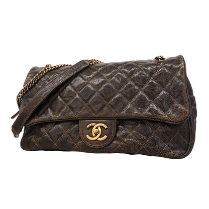 Chanel Shoulder Bag Quilted Caviar Leather Brown Gold