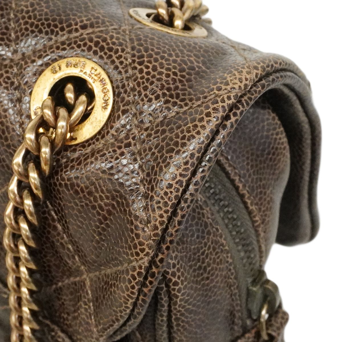 Chanel Shoulder Bag Quilted Caviar Leather Brown Gold — view 8