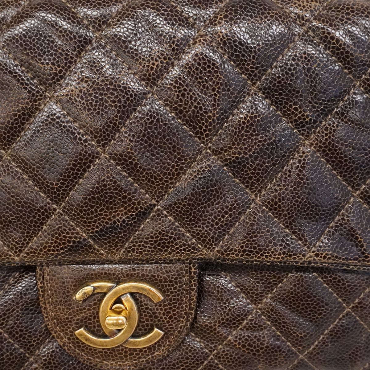 Chanel Shoulder Bag Quilted Caviar Leather Brown Gold — view 9