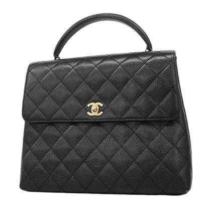 Chanel Handbag Quilted Caviar Leather Black Gold
