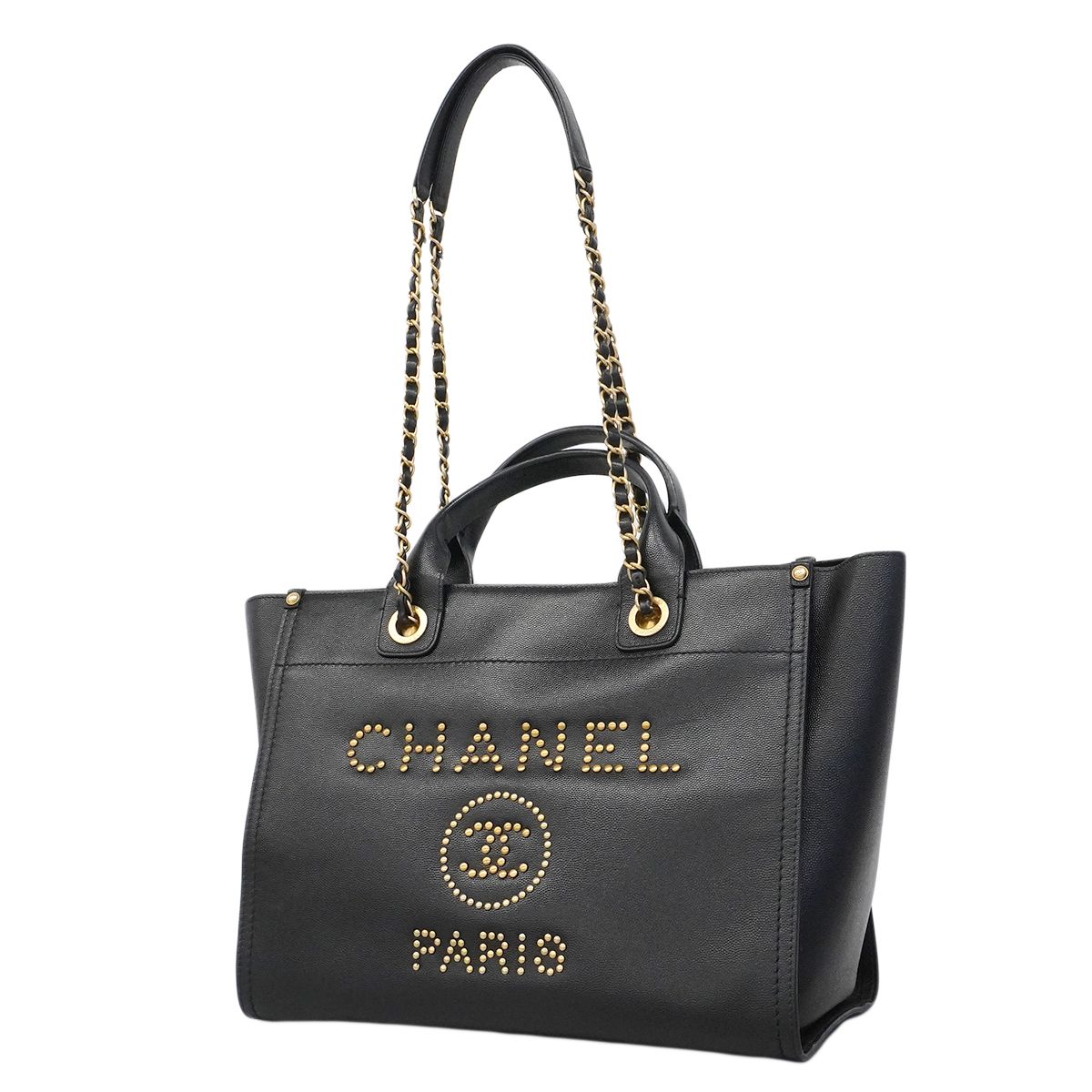 Chanel Chain Tote Deauville Caviar Leather Black Gold 2-Way