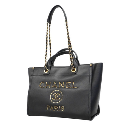 Chanel Chain Tote Deauville Caviar Leather Black Gold 2-Way