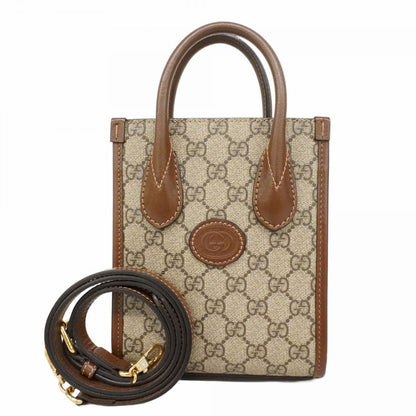 Gucci Handbag GG Supreme Beige Brown Gold 2-Way