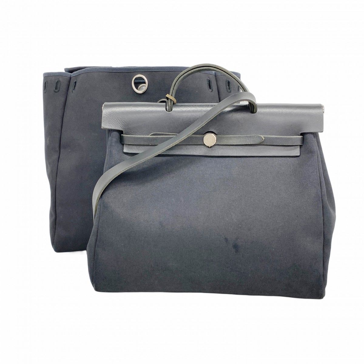 Hermes Handbag Toile Officier Black Silver 2-Way