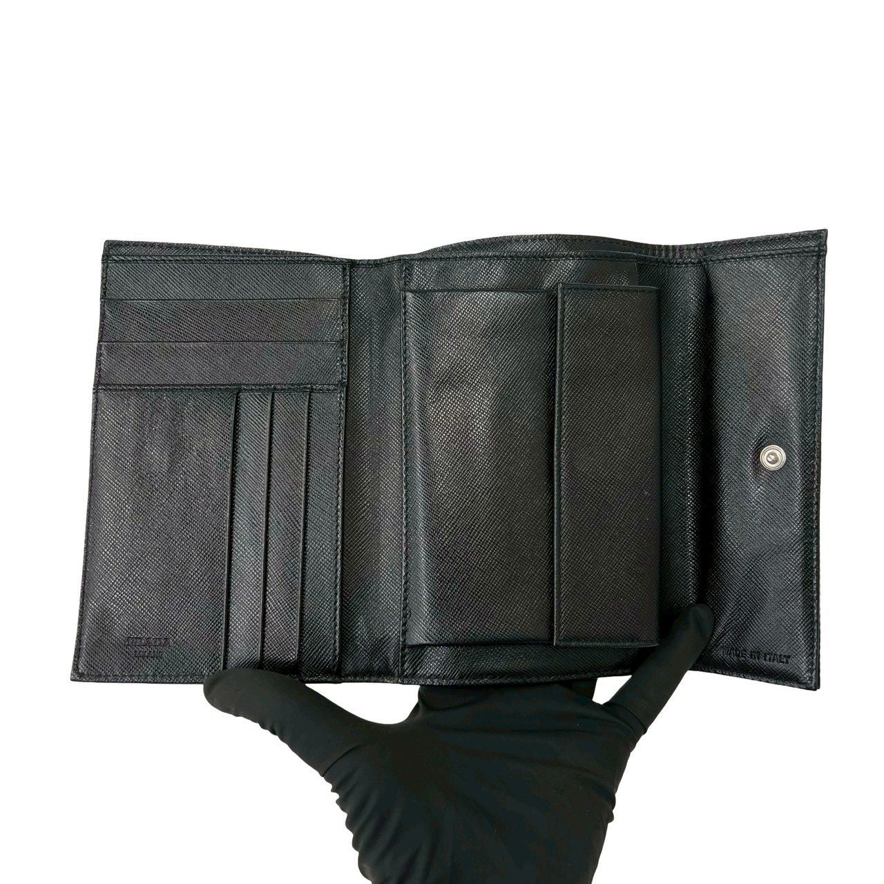 Prada Triangle Logo Tessuto Nylon Leather Trifold Wallet Black — view 7