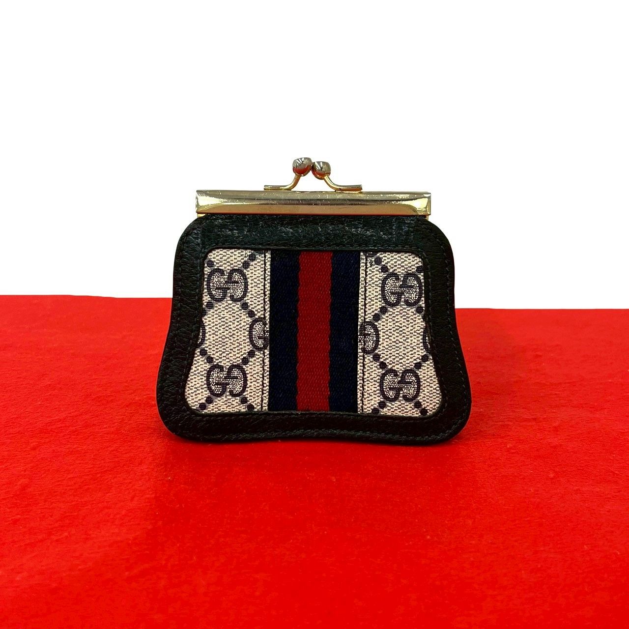 Gucci Sherry Line GG Logo Pattern Leather Kiss Lock Coin Case Navy