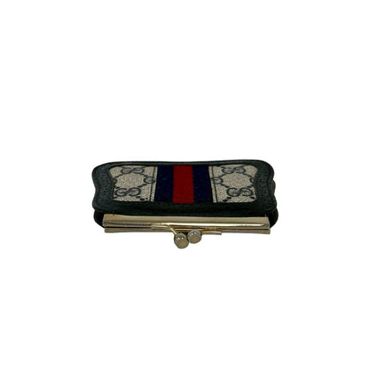 Gucci Sherry Line GG Logo Pattern Leather Kiss Lock Coin Case Navy — view 3