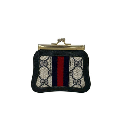 Gucci Sherry Line GG Logo Pattern Leather Kiss Lock Coin Case Navy — view 2