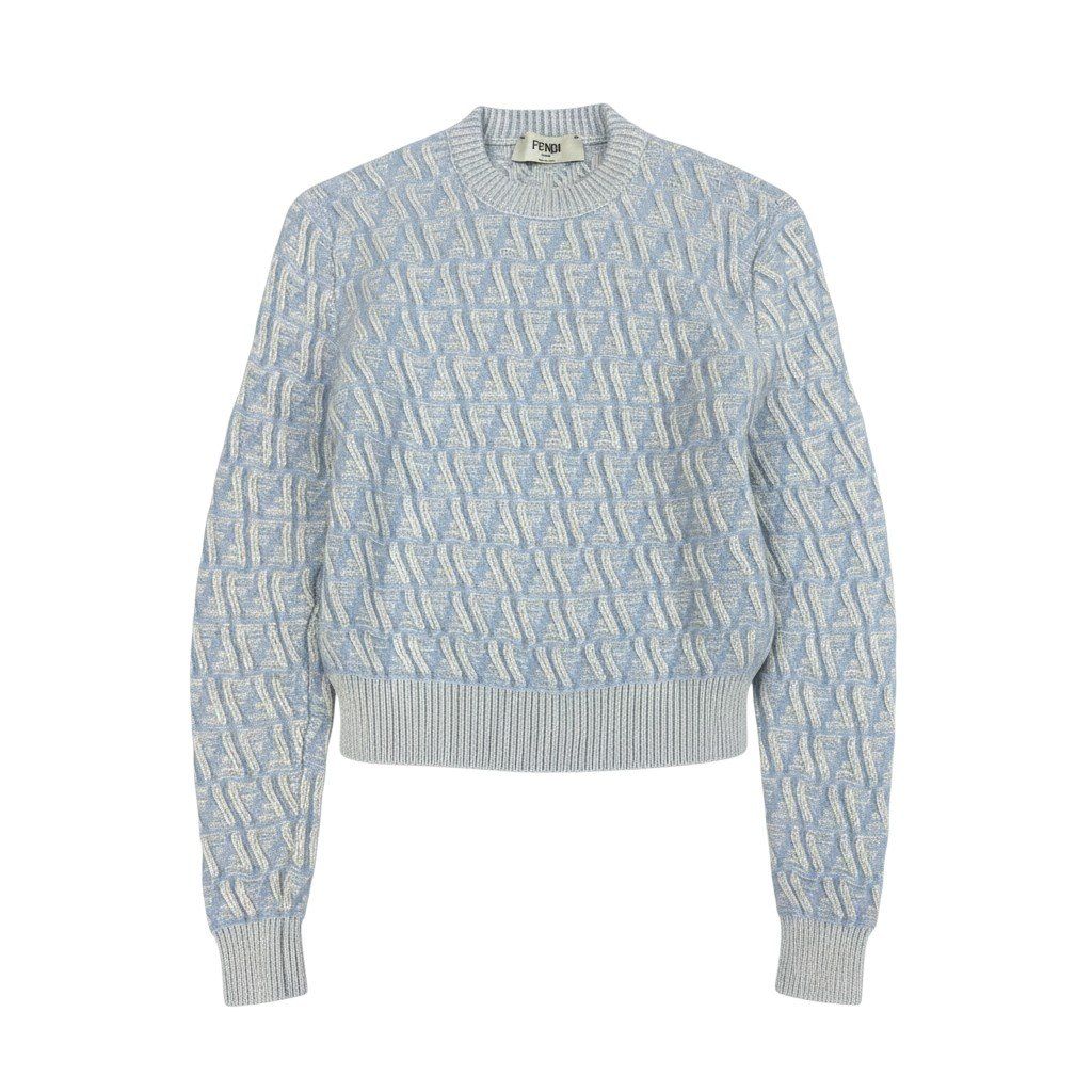 Fendi Zucca Pattern Crew Neck Knit Sweater 40 Light Blue