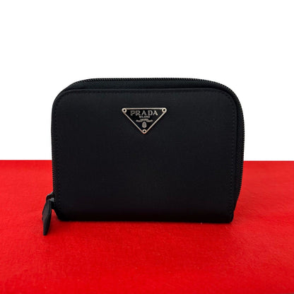 Prada Triangle Logo Tessuto Nylon Saffiano Leather Round Zip Bifold Wallet Black