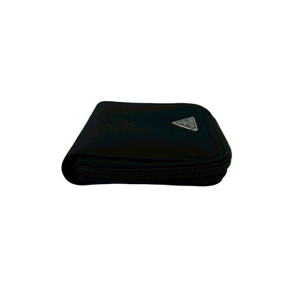 Prada Triangle Logo Tessuto Nylon Saffiano Leather Round Zip Bifold Wallet Black — view 5