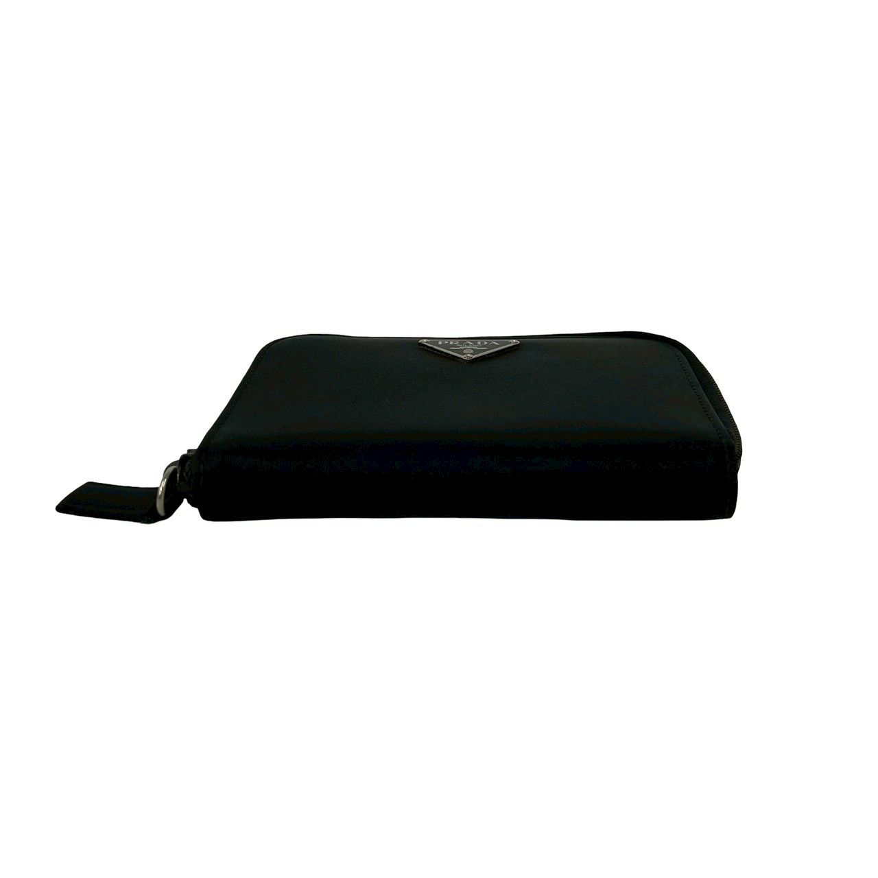 Prada Triangle Logo Tessuto Nylon Saffiano Leather Round Zip Bifold Wallet Black — view 6