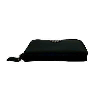 Prada Triangle Logo Tessuto Nylon Saffiano Leather Round Zip Bifold Wallet Black — view 6