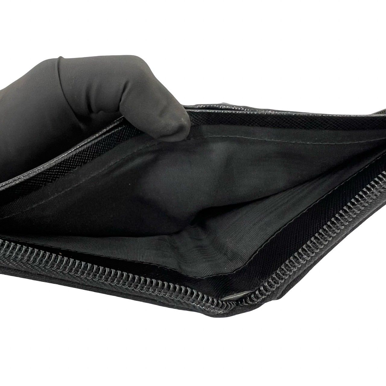 Prada Triangle Logo Tessuto Nylon Saffiano Leather Round Zip Bifold Wallet Black — view 8