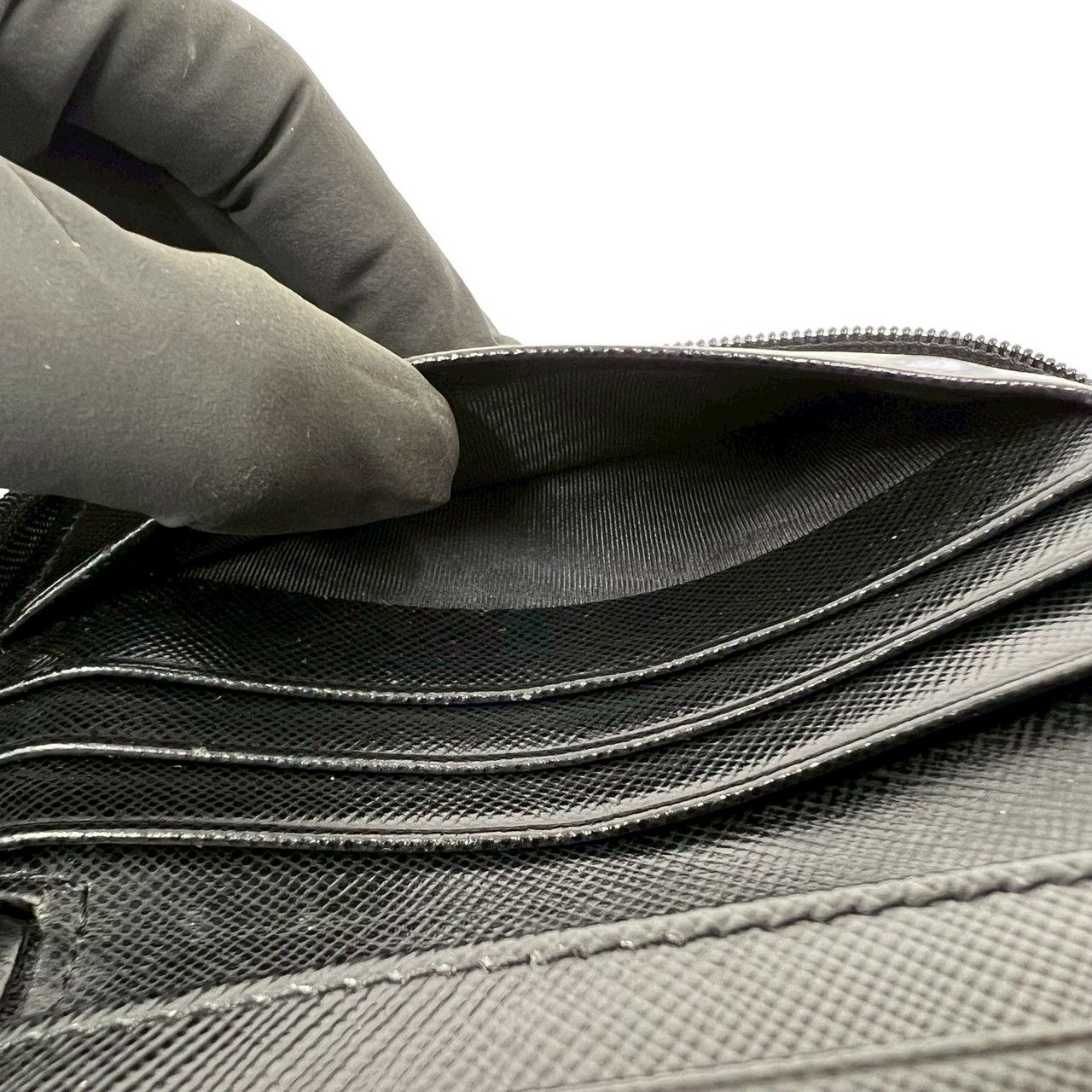 Prada Triangle Logo Tessuto Nylon Saffiano Leather Round Zip Bifold Wallet Black — view 9