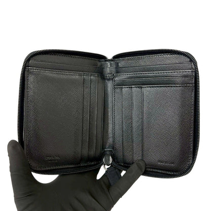 Prada Triangle Logo Tessuto Nylon Saffiano Leather Round Zip Bifold Wallet Black — view 7