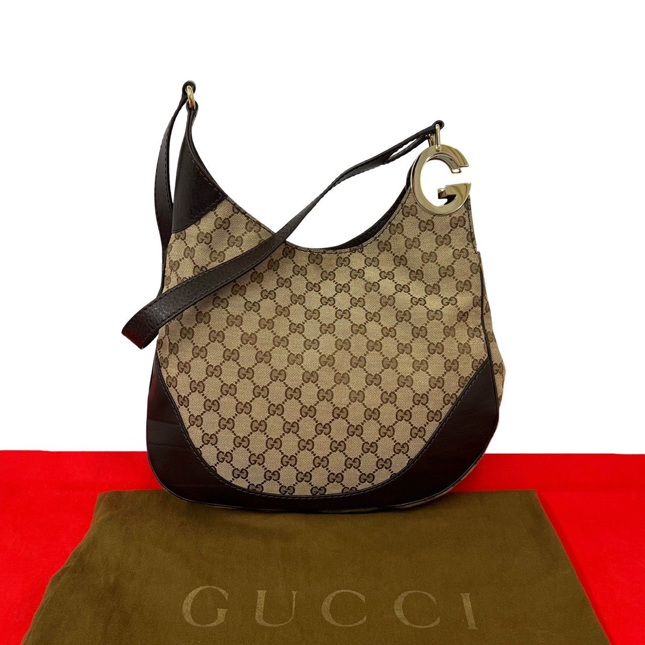 Gucci Logo GG Pattern Canvas Leather Shoulder Bag Brown Beige