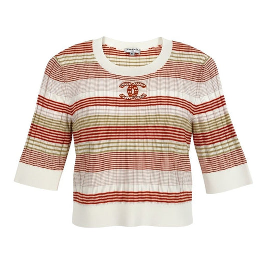 Chanel CC Logo Crew Neck Short Sleeve Summer Knit Border Pattern 36 Multicolor