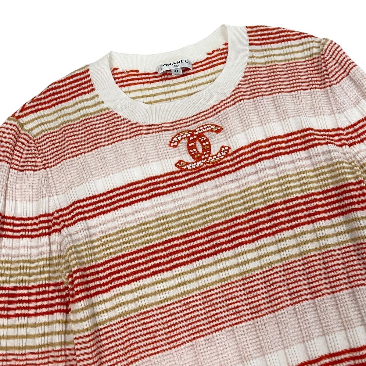 Chanel CC Logo Crew Neck Short Sleeve Summer Knit Border Pattern 36 Multicolor — view 4