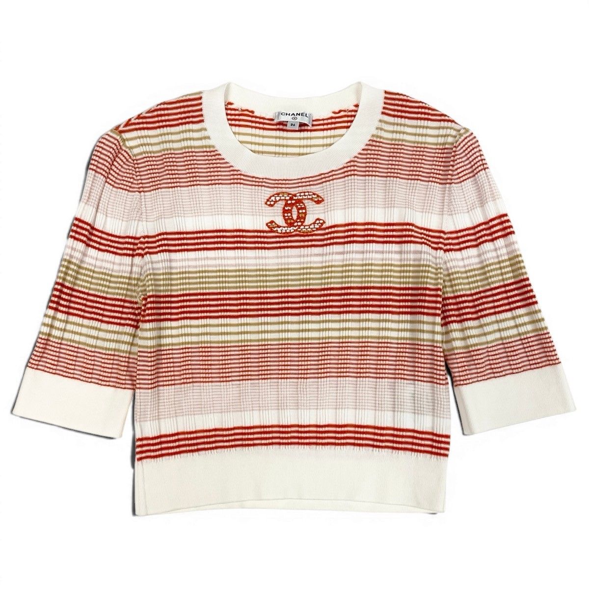 Chanel CC Logo Crew Neck Short Sleeve Summer Knit Border Pattern 36 Multicolor — view 2