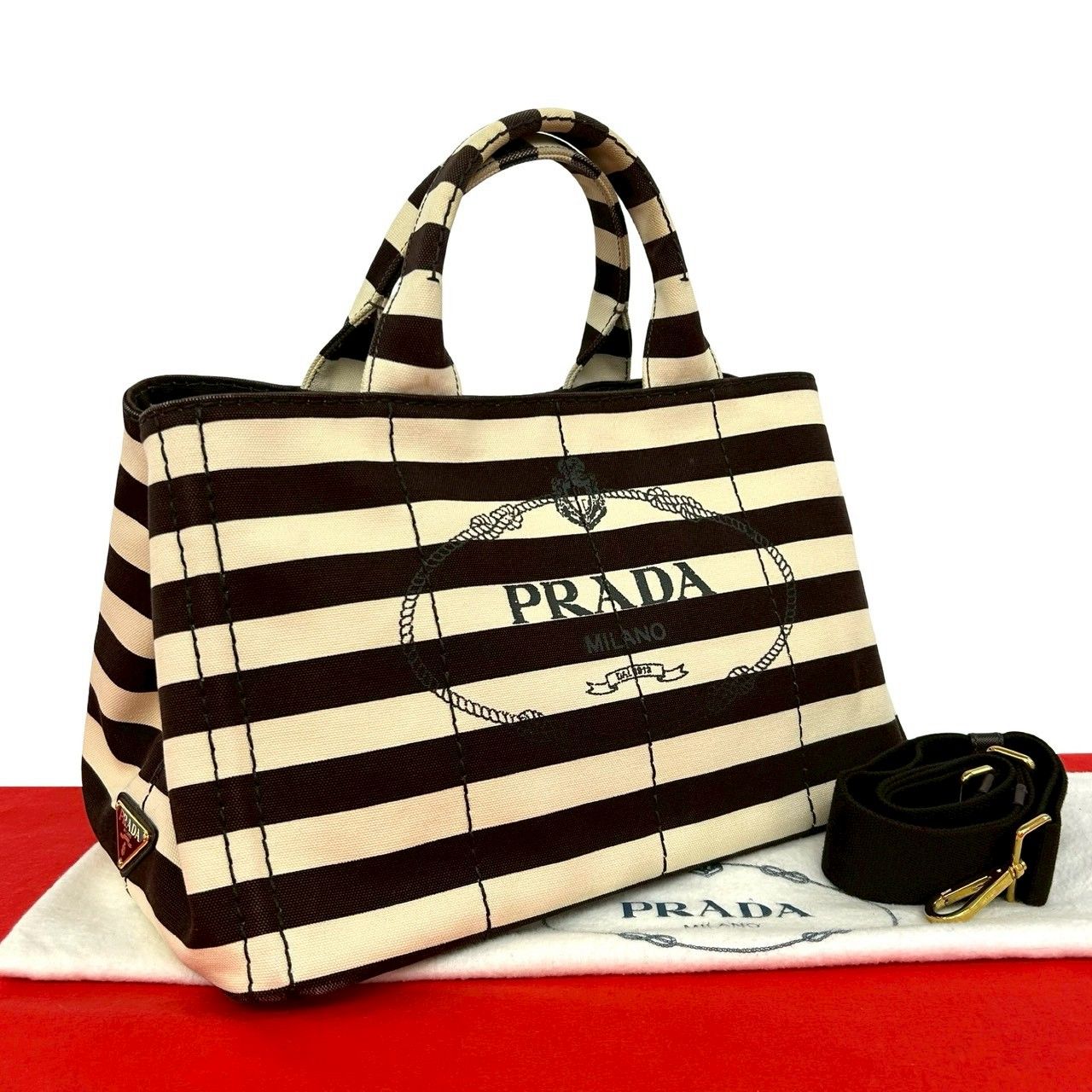 Prada Canapa Triangle Logo Border Canvas 2-Way Tote Shoulder