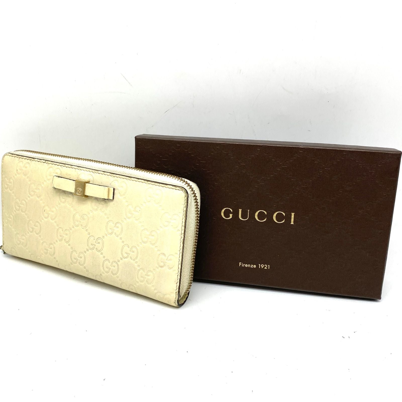 Gucci Wallet Guccissima Round Zip Leather White Card Billfold Coin