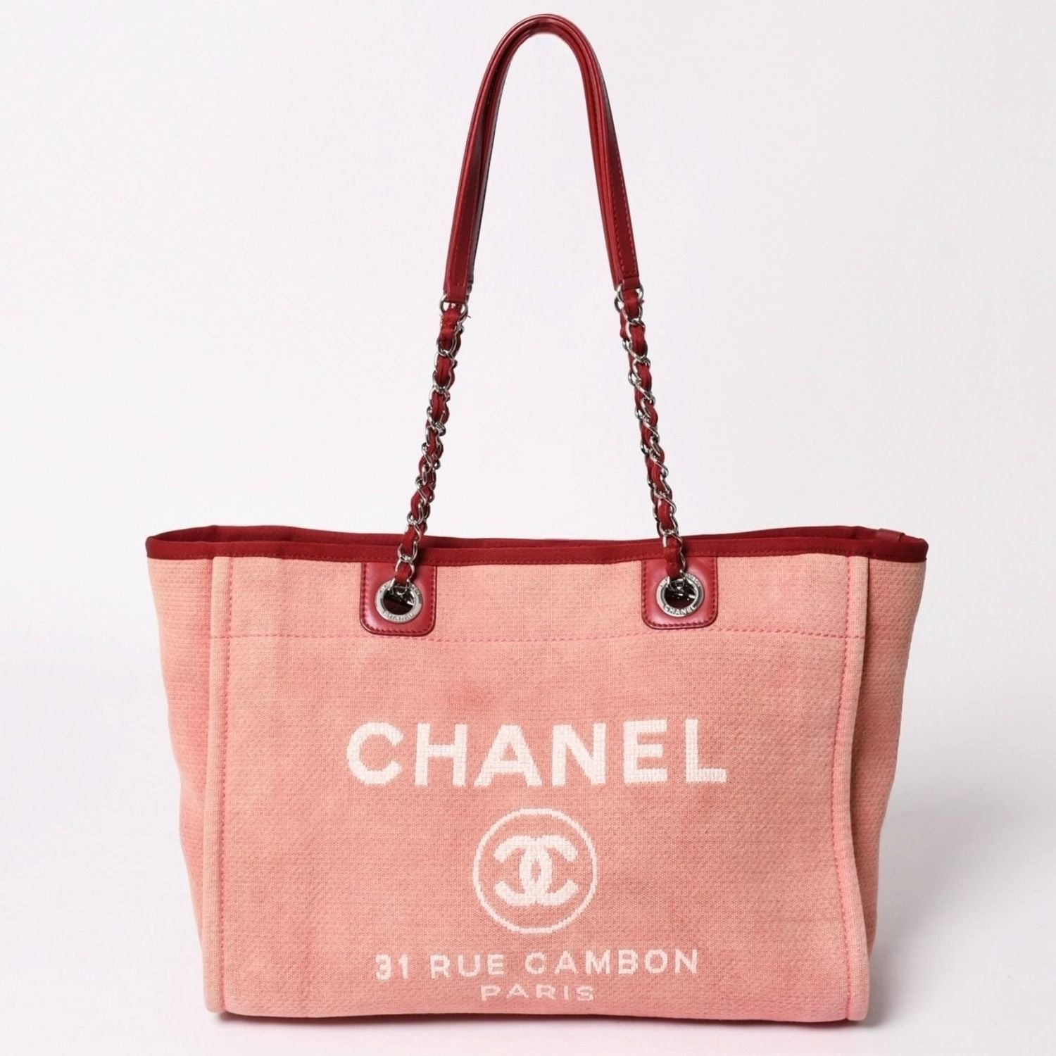 Chanel Deauville MM Chain Tote Bag CC Logo Pink Canvas Leather Silver