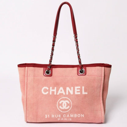 Chanel Deauville MM Chain Tote Bag CC Logo Pink Canvas Leather Silver