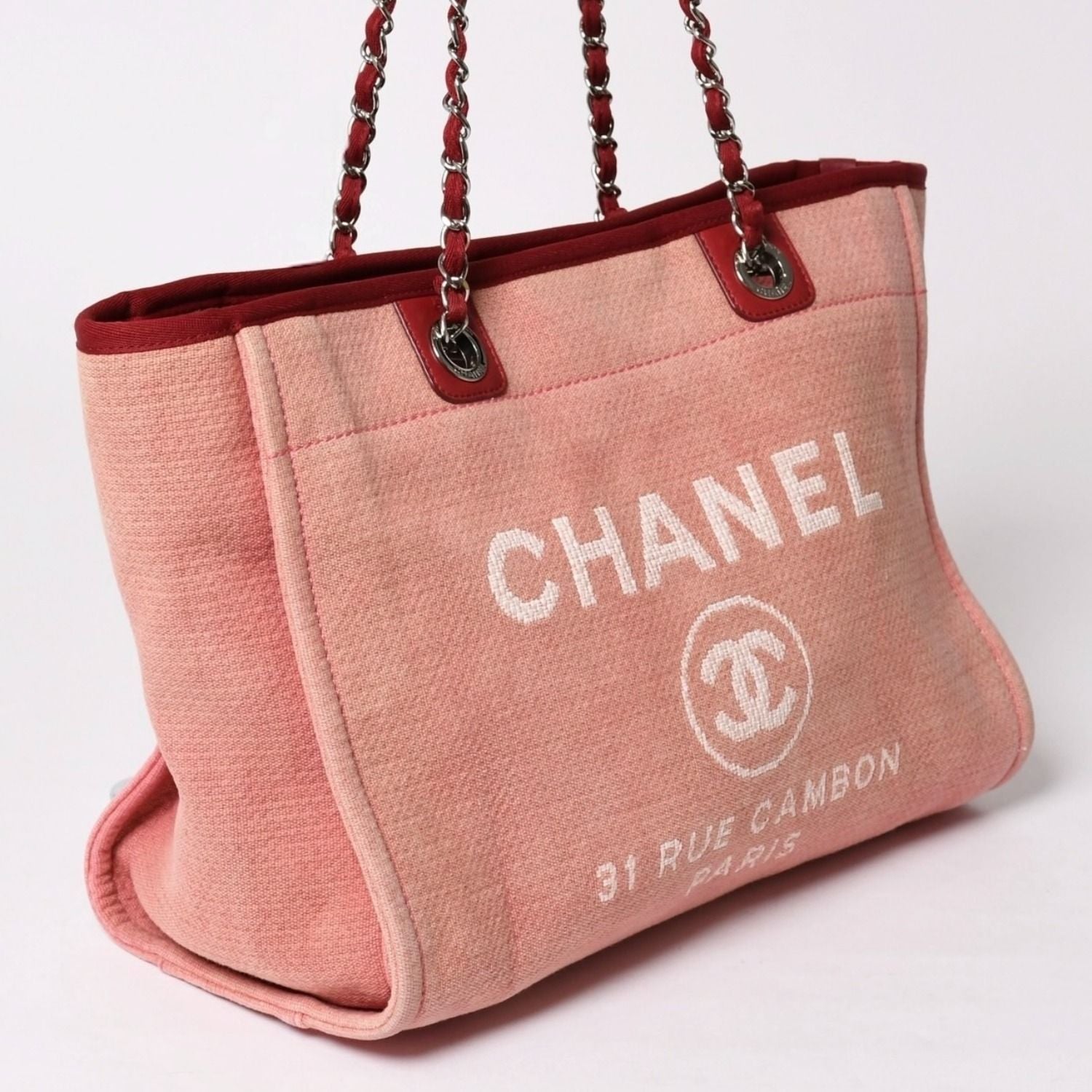 Chanel Deauville MM Chain Tote Bag CC Logo Pink Canvas Leather Silver — view 3