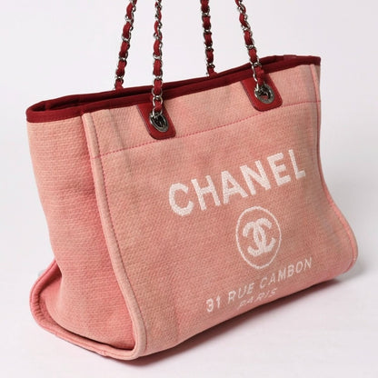 Chanel Deauville MM Chain Tote Bag CC Logo Pink Canvas Leather Silver — view 3