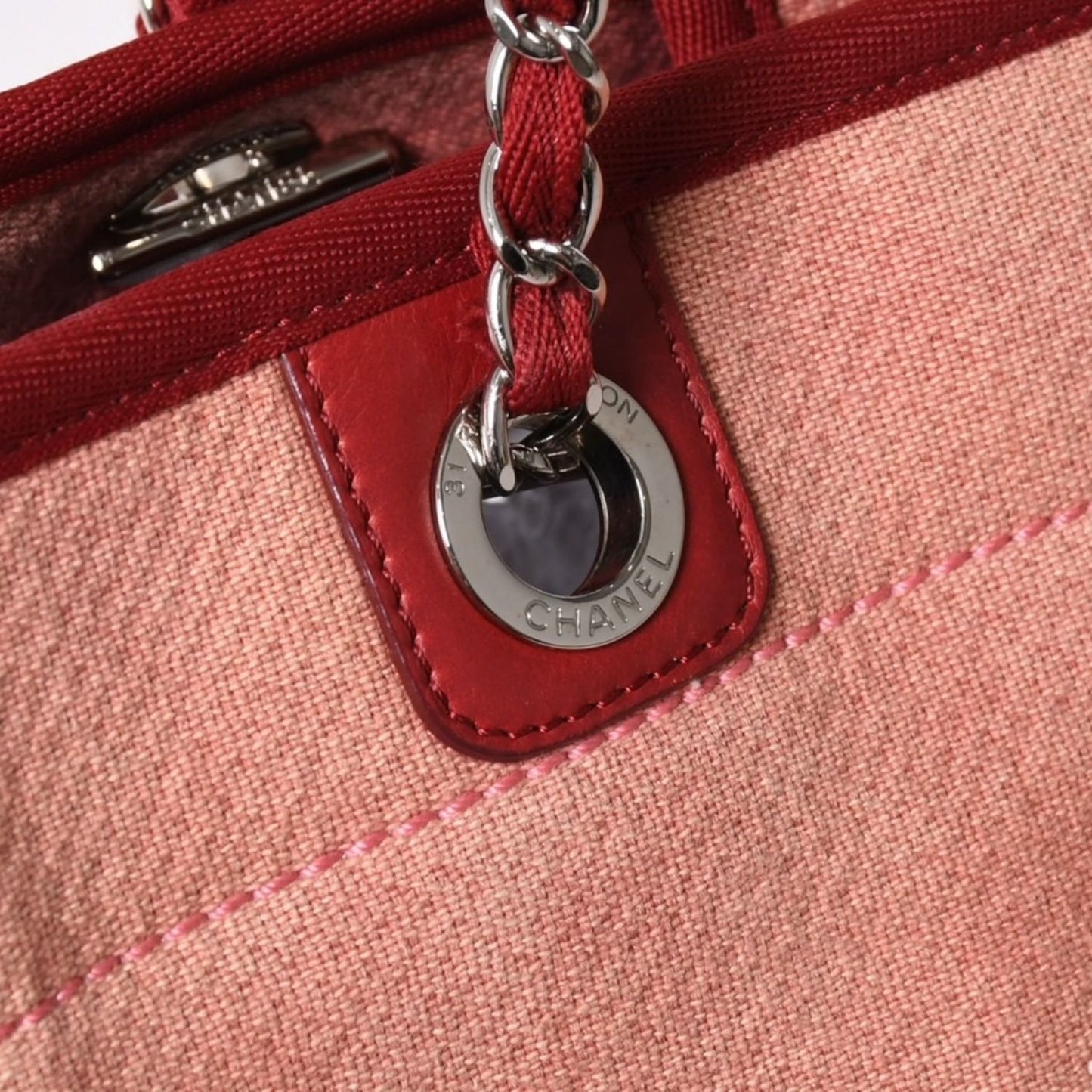 Chanel Deauville MM Chain Tote Bag CC Logo Pink Canvas Leather Silver — view 4