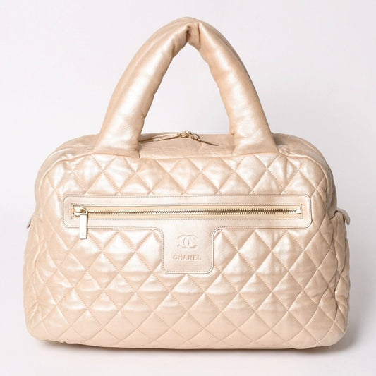 Chanel Coco Cocoon Handbag CC Logo Nylon Beige Bordeaux Gold