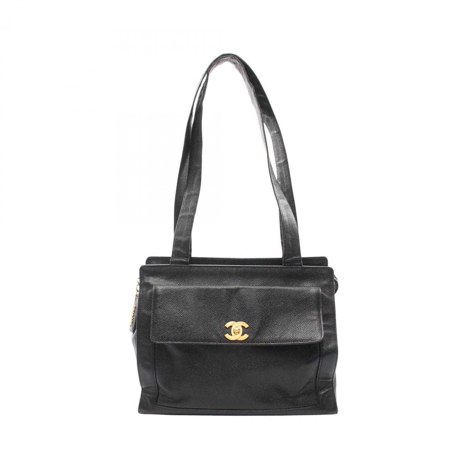 Chanel Tote CC Logo Turnlock Black Caviar Leather Shoulder