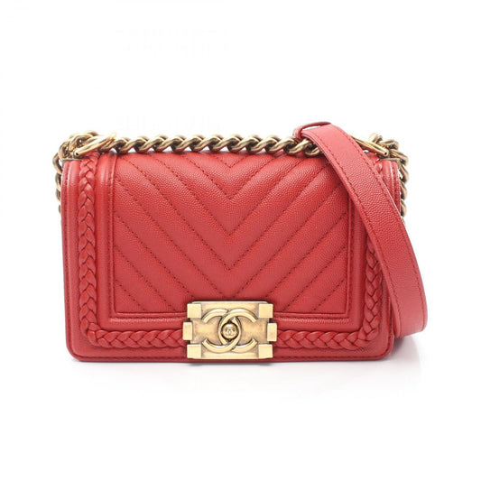 Chanel Shoulder Bag Boy Small Blanc Stitch Red Caviar Leather Boy Chain