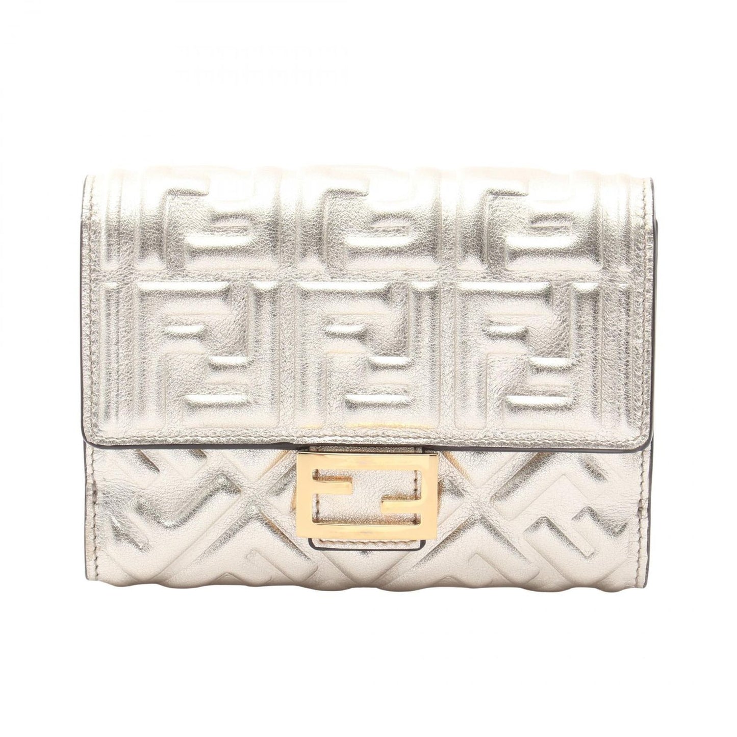 Fendi Bifold Wallet Baguette FF Embossed Champagne Gold Leather FF
