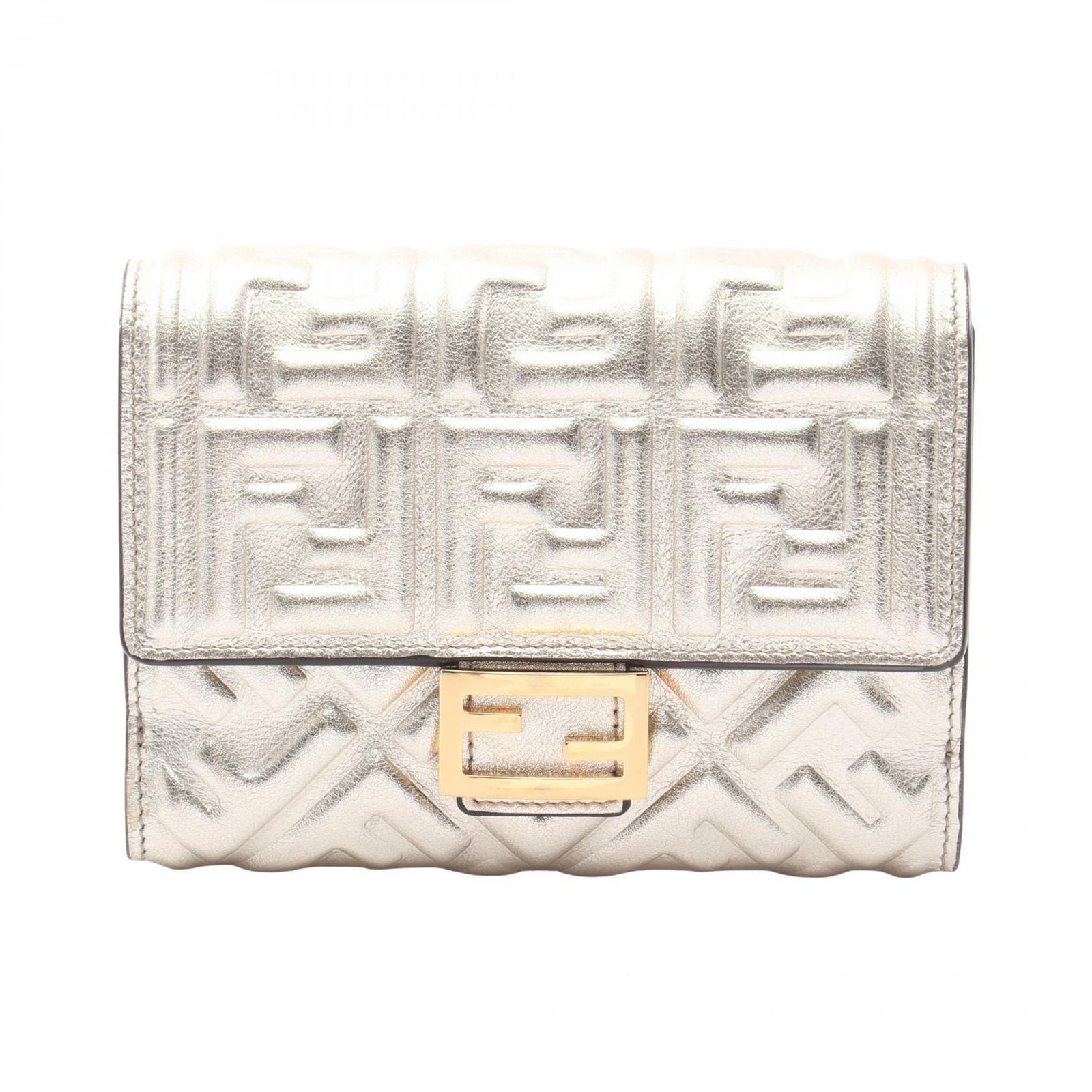 Fendi Bifold Wallet Baguette FF Embossed Champagne Gold Leather FF