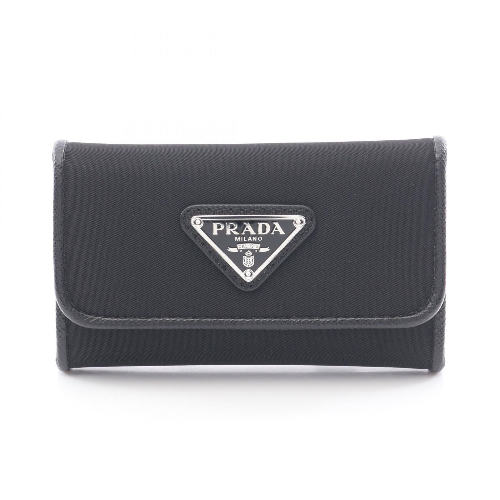 Prada Key Case Uzo Tessuto 6 Rows Black Nylon Saffiano Leather Triangle Logo