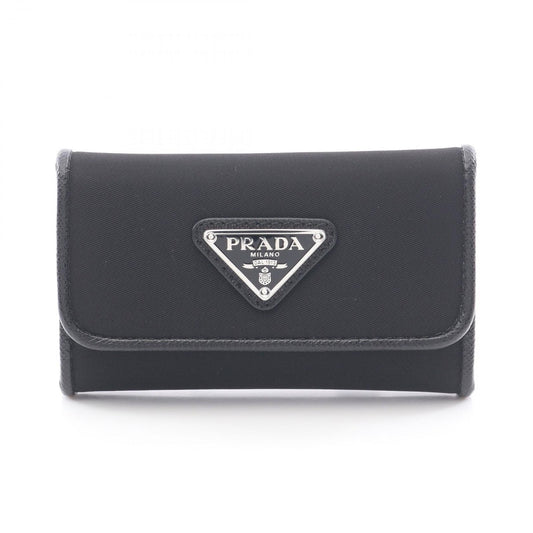 Prada Key Case Uzo Tessuto 6 Rows Black Nylon Saffiano Leather Triangle Logo